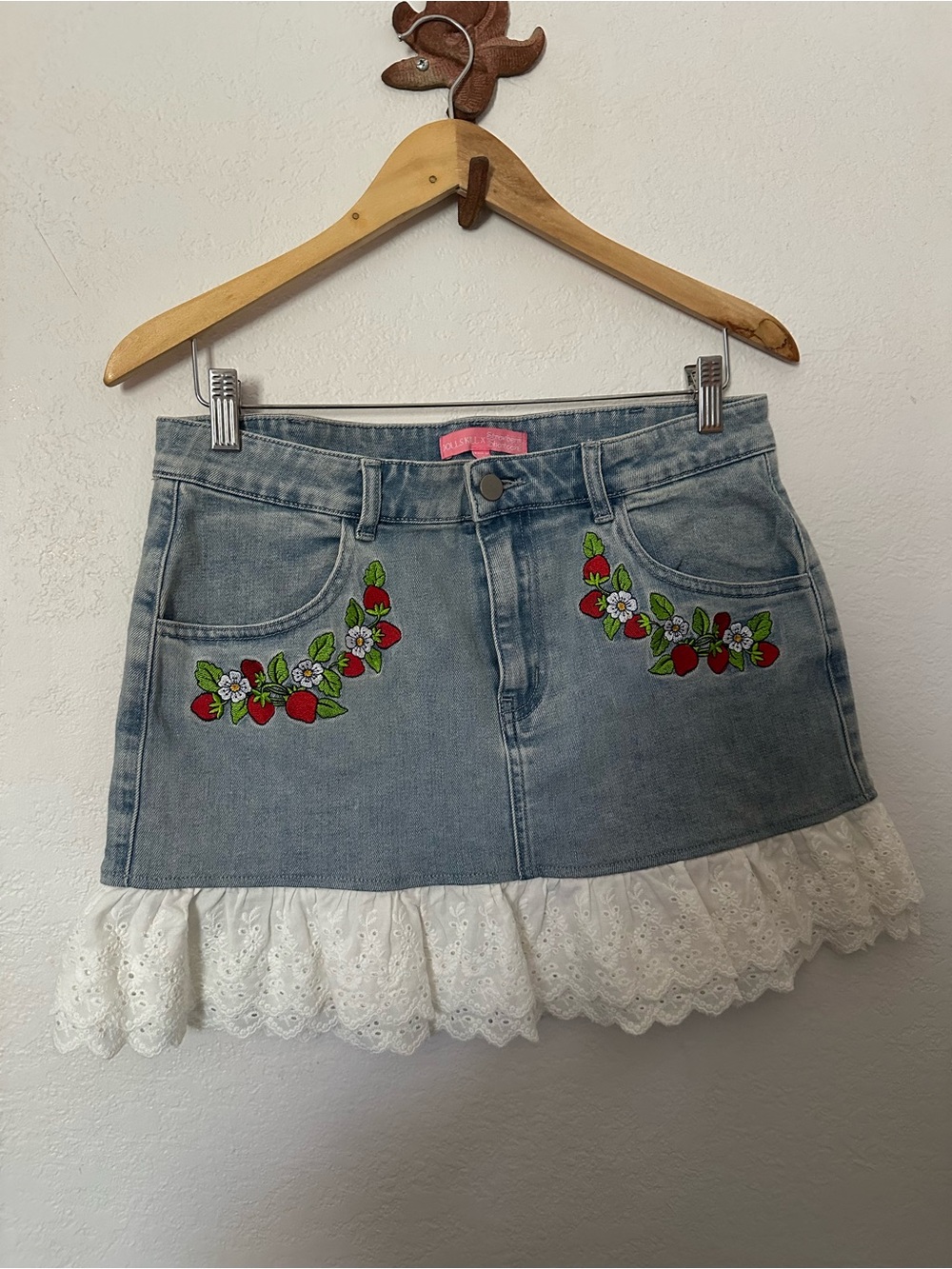 Dolls Kill x Strawberry Shortcake Freshly Picked Denim Mini Skirt with Ruffle- L